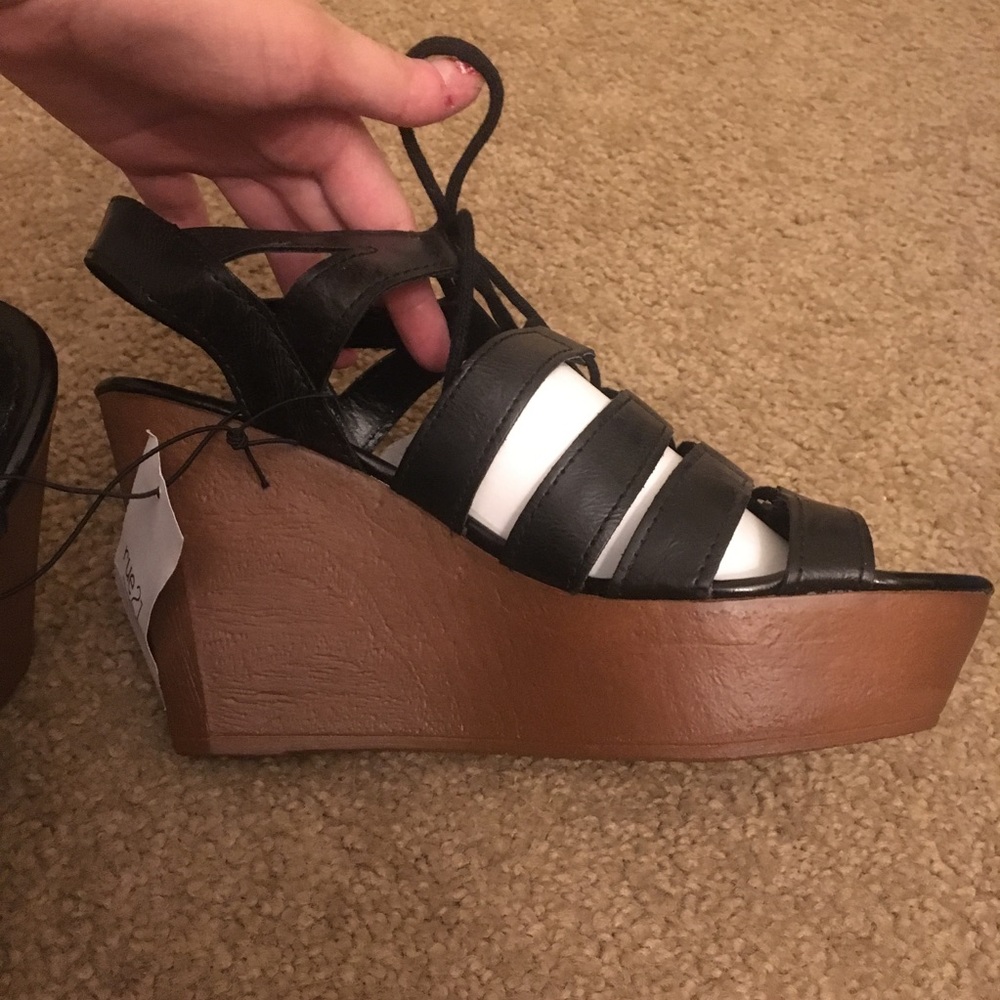 RUE21 black tie up wedges